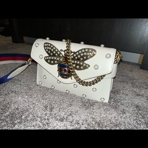 Gucci Calfskin Pearl Bee Mini Shoulder Bag